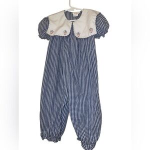 Rosalina Blue Gingham bubble Romper with clown Embroidered Collar 3T